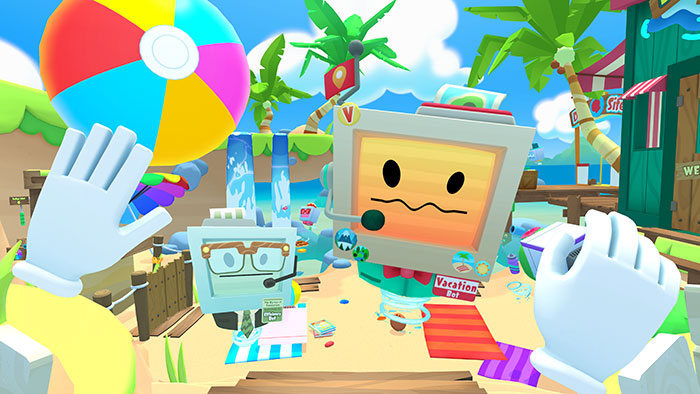 VacationBot and EfficiencyBot introducing VR players to Vacation Beach