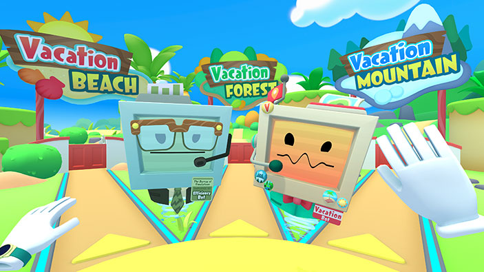 VacationBot and EfficiencyBot introducing VR players to Vacation Simulator destinations